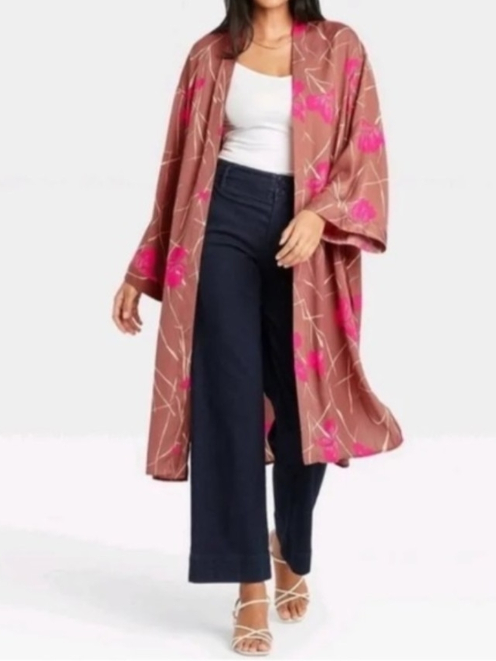 A New Day Brown And Pink Floral Satin Duster OSFM